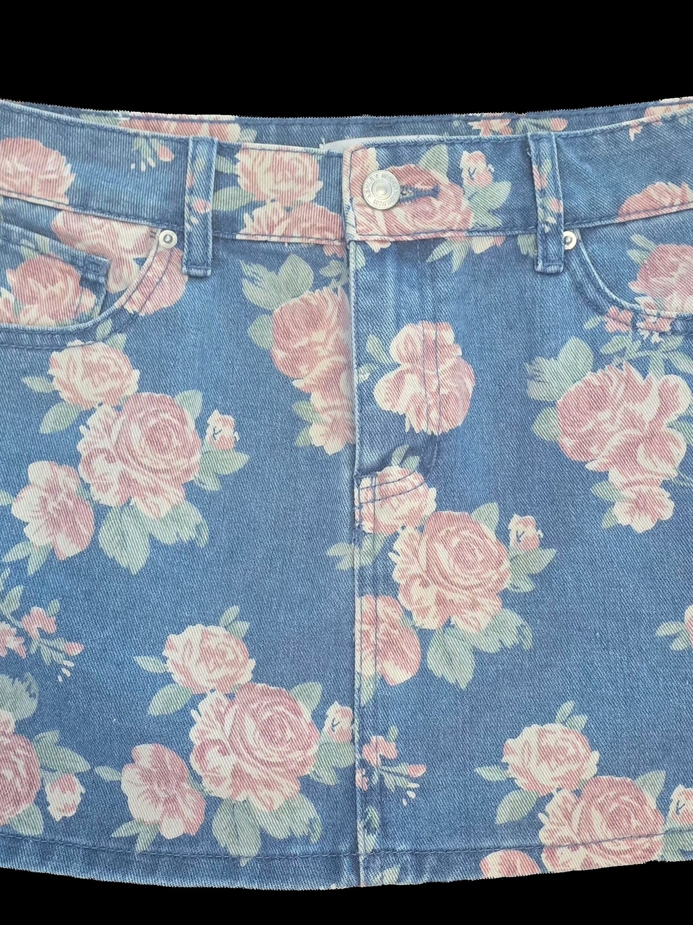 Ashley Mason Blue Denim Mini Skirt with Pink Floral Print